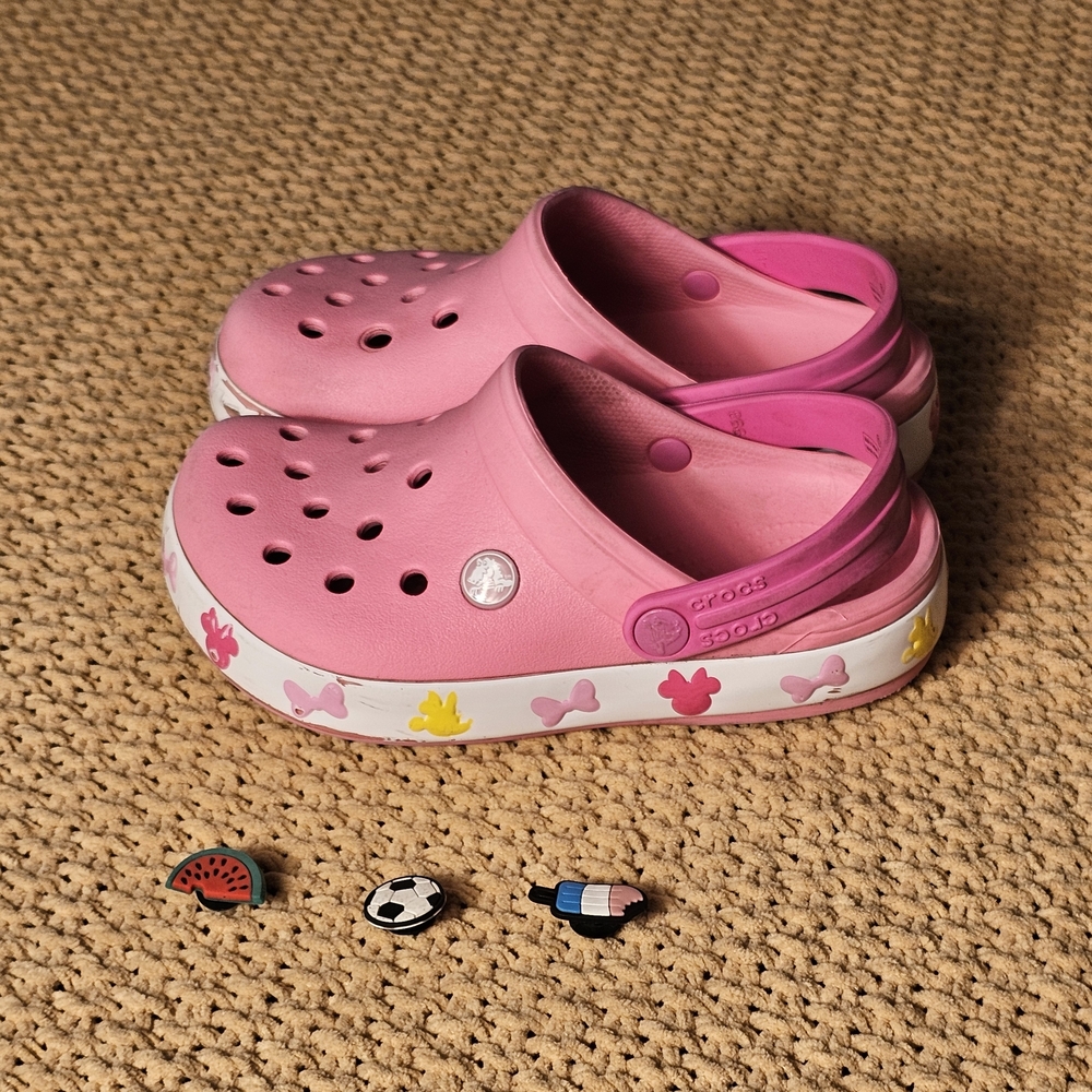 CROCS Kids Pink Disney Mini Mouse And Bows Size Junior 1 With 3 Jibbitz